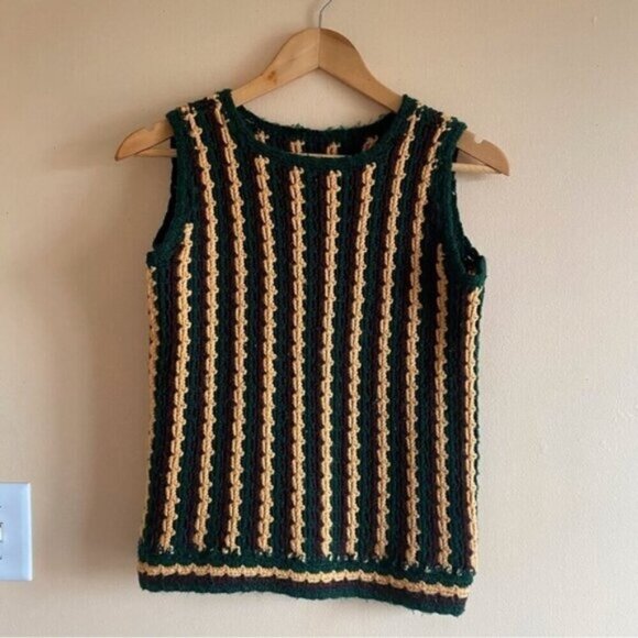 Hand Made Crochet Yellow Sweater Vest Size Small Stripped Retro 70s Groovy - Picture 2 of 8